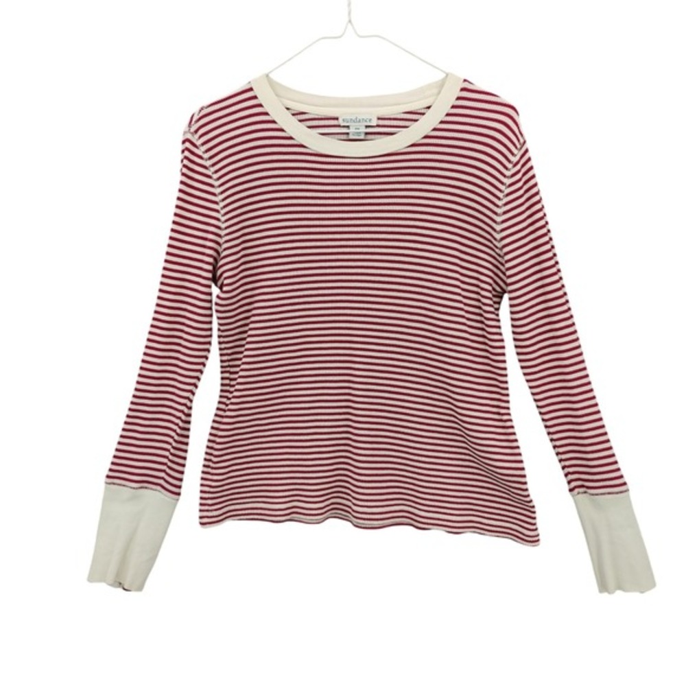 Sundance Women Americana Coastal Preppy Striped Thermal Top MP Red Waffle Knit